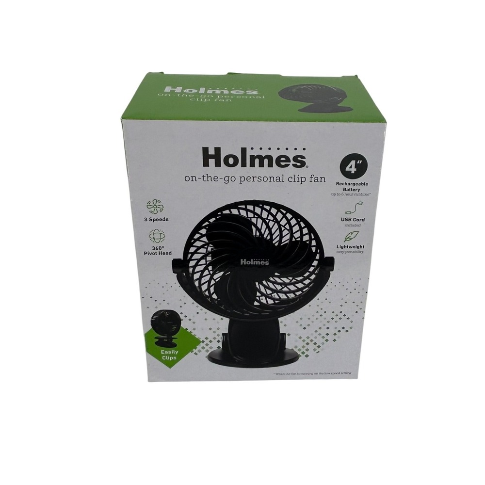 Holmes 4 Inch On-The-Go Personal Clip Fan Rechargeable Battery 3 Speed Black NEW